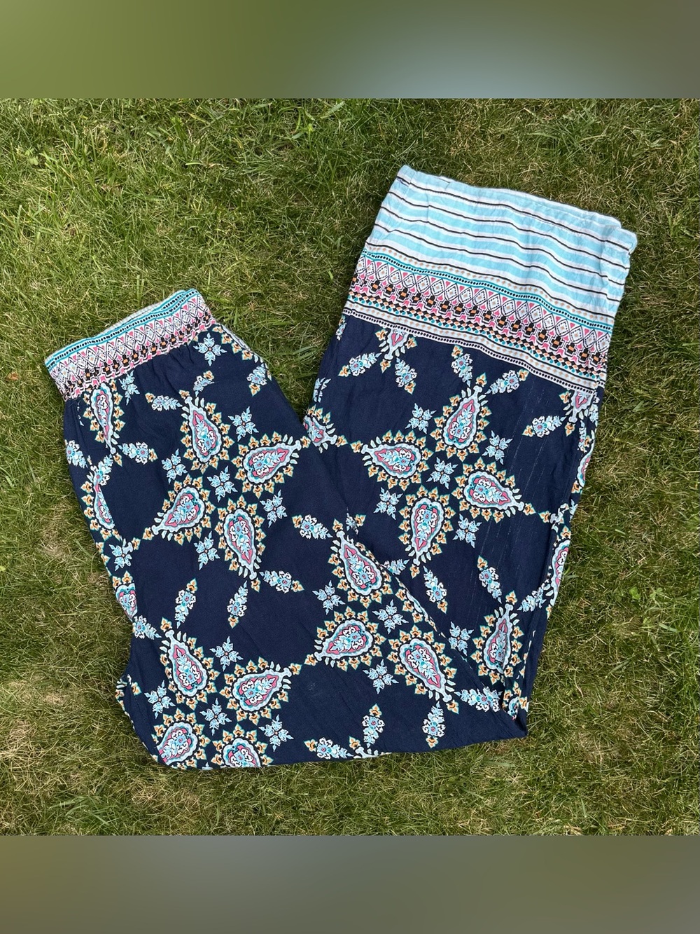 Navy Paisley Wide-Leg Pull-On Pants with Aqua Trim